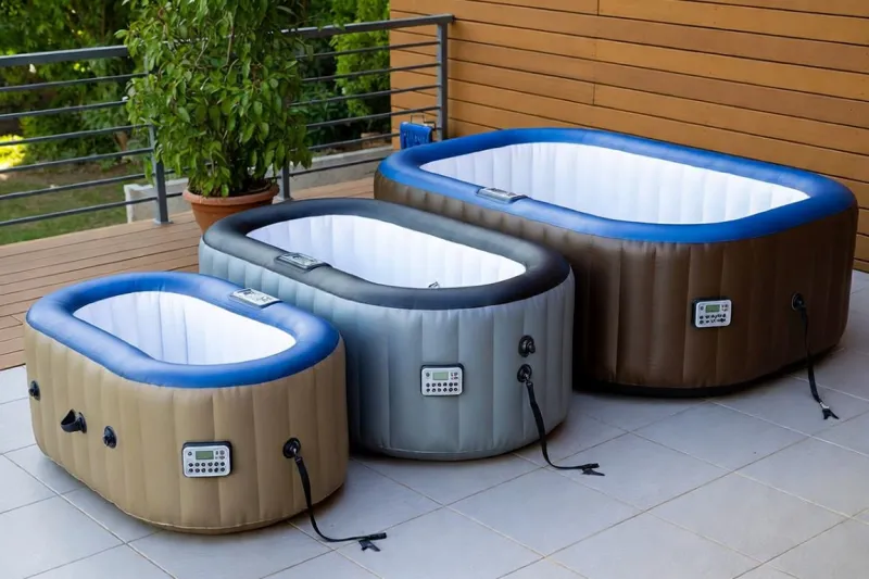 Plusieurs spas gonflables de différentes dimensions installés sur une terrasse