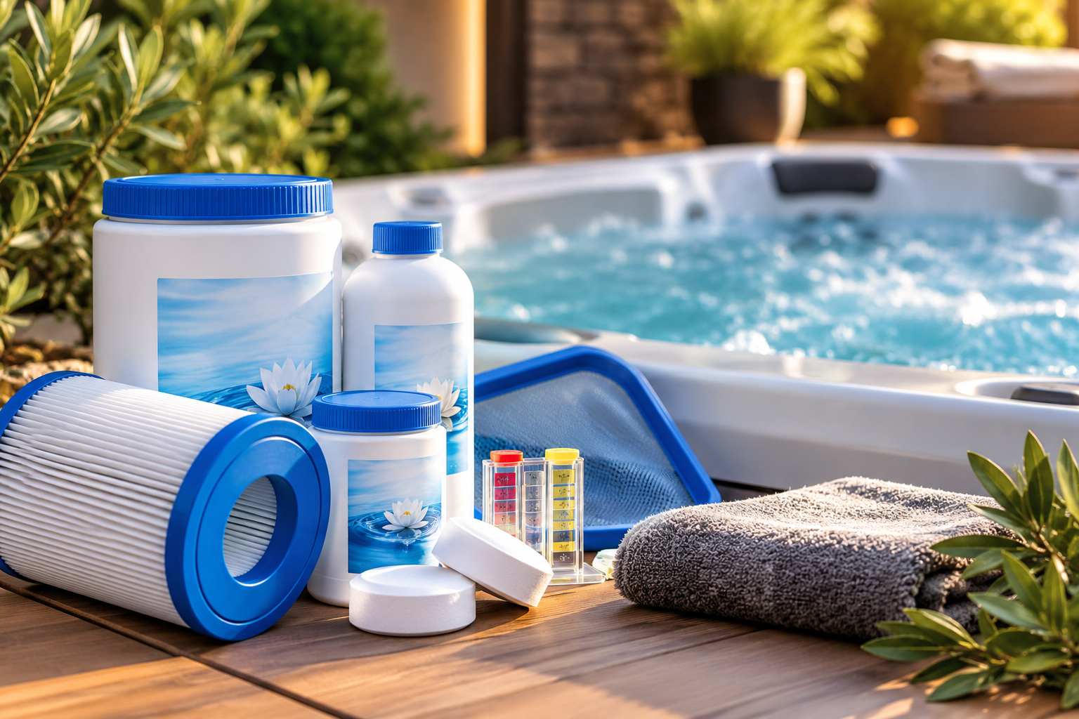 Produits d’entretien et de traitement de l’eau disposés près d’un spa